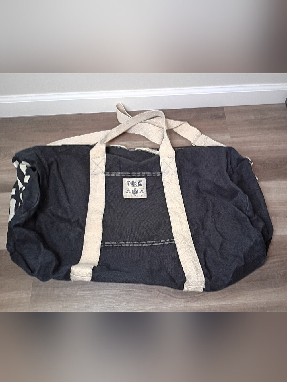 Victorias Secret Vs Pink Vintage Y2K Black Cream Canvas Love Pink Duffle Weekend